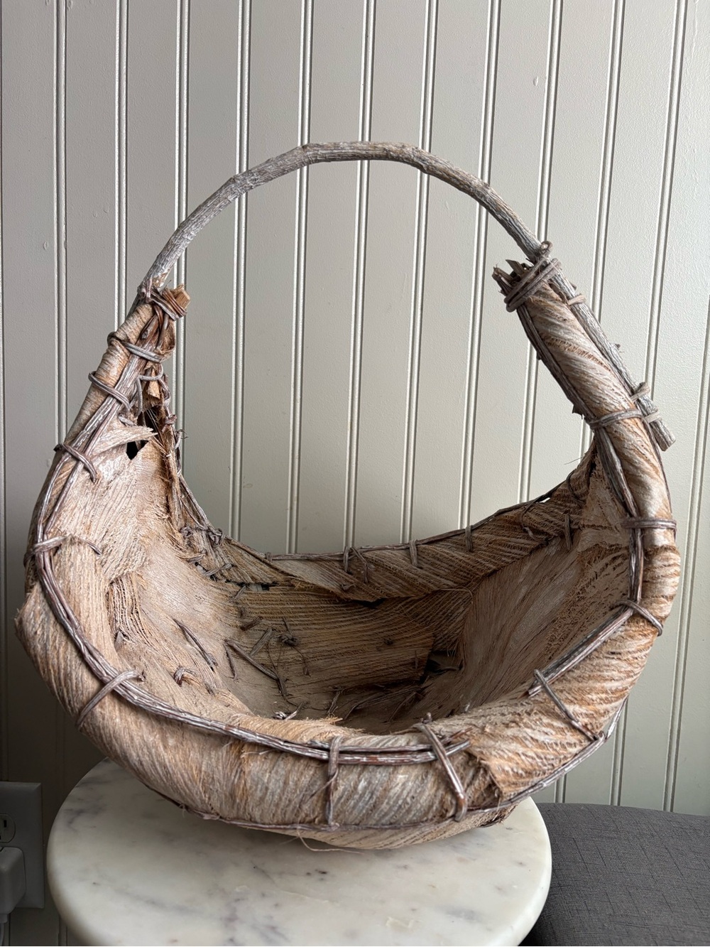 Primitive Palm Husk & Bent Twig Handmade Harvest Basket Rustic Vintage VTG Fiber - Picture 2 of 14